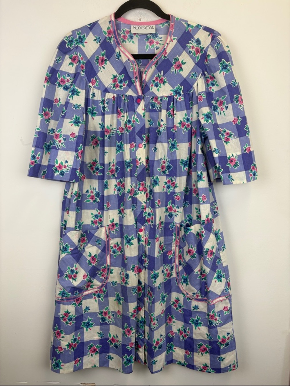 Vintage Models Coat Floral Gingham House Dress Cottagecore Smock Pockets Sz 14
